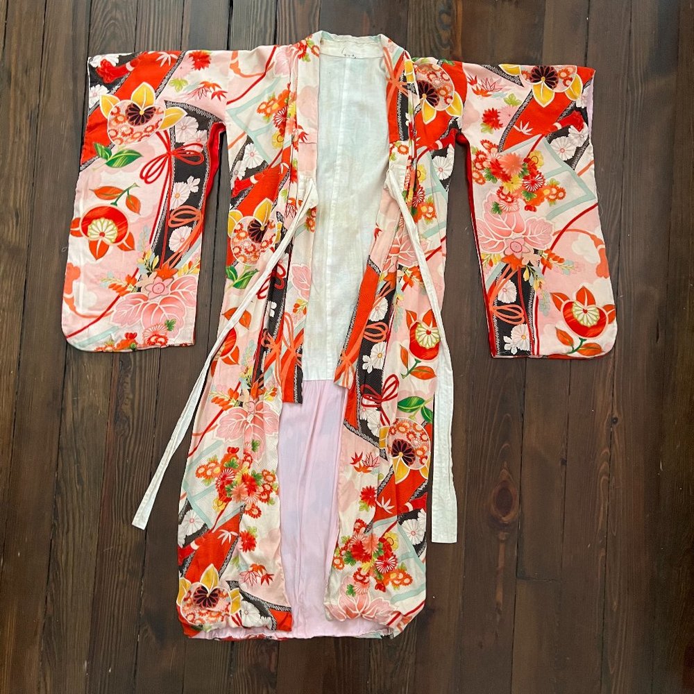 Antique Japanese Handmade Floral Silk Haori Kimono Robe - Size S